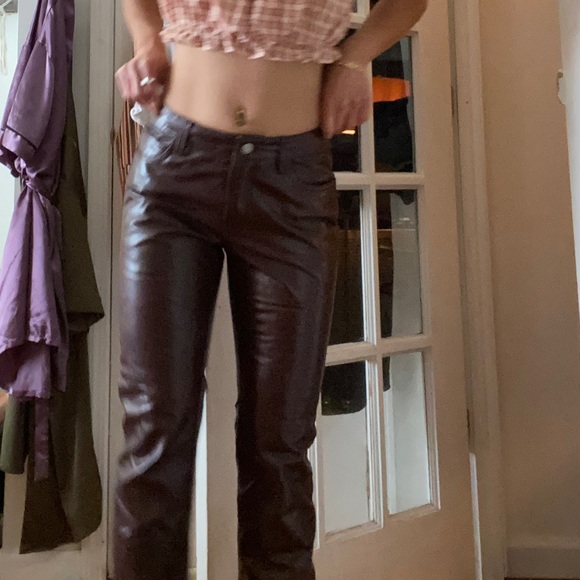 Y2K Authentic 100% Leather Burgundy Bootcut Pants - Picture 3 of 9